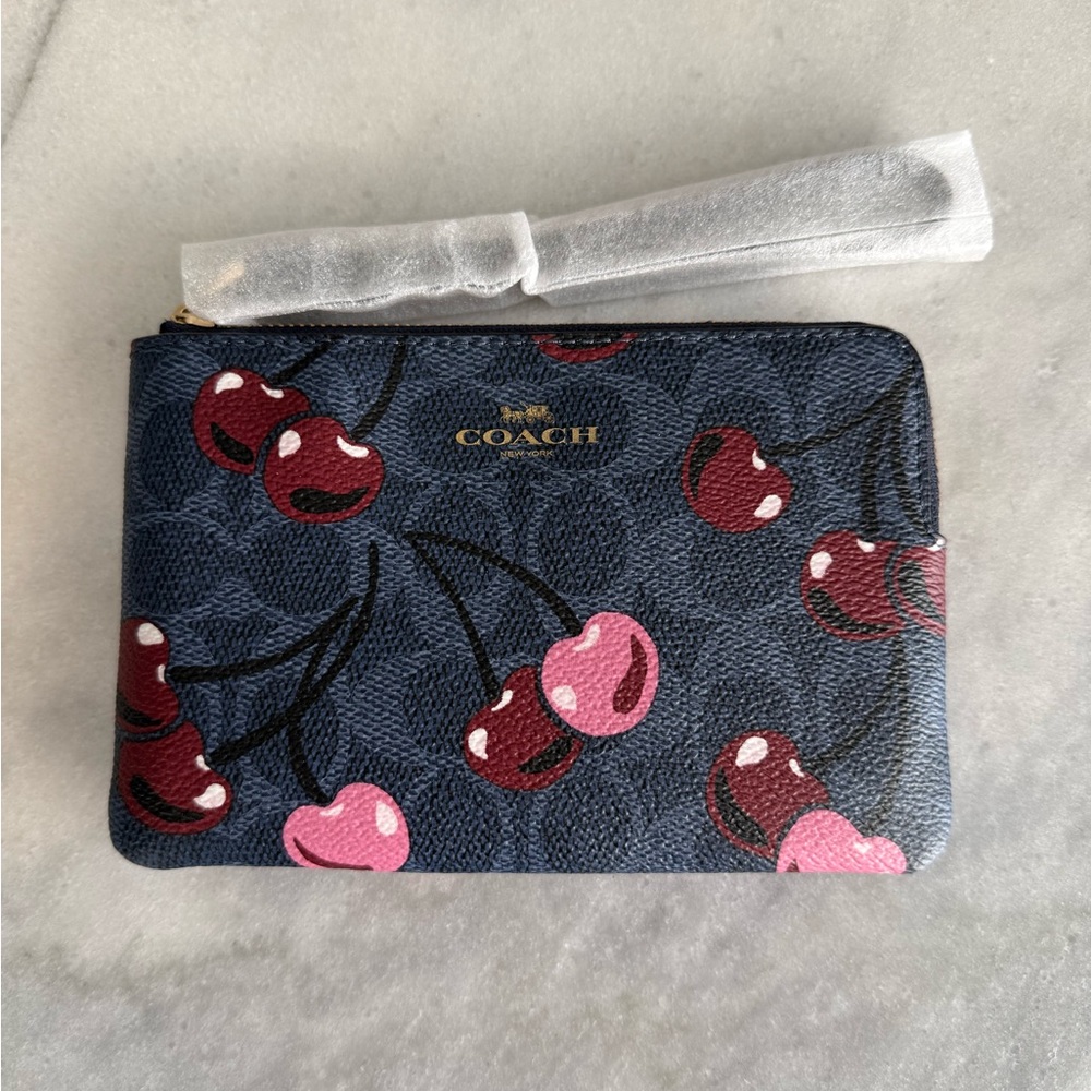 Coach Corner Zip Wristlet In Signature Canvas With Cherry Print